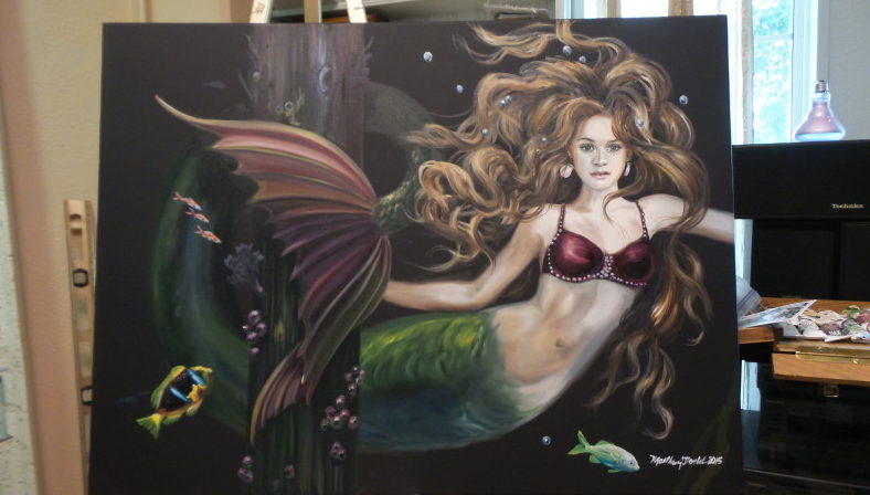 Original Mermaid Painting “Surprise Under the Dock”