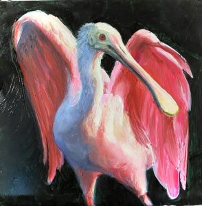 A painting of a roseate spoonbill holding up its pink wings like an angel. The background is a dark green.