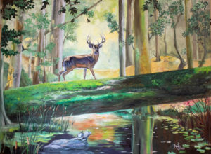 a painting of a white tailed deer crossing a river in the forest by martha dodd. white tailed deer art print